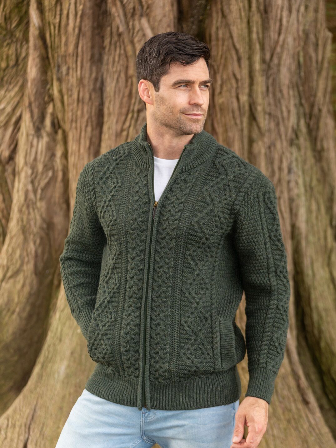 Bernardo - Cardigan homme à fermeture éclair complète – Gilet Old Money en maille torsadée – Vert / Gris