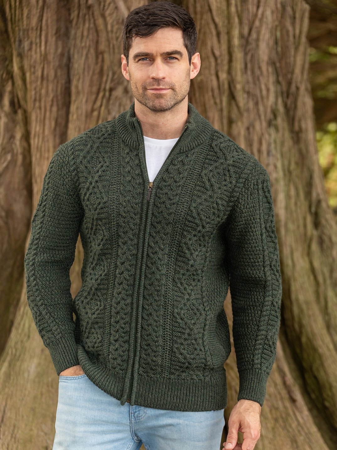 Bernardo - Cardigan homme à fermeture éclair complète – Gilet Old Money en maille torsadée – Vert / Gris