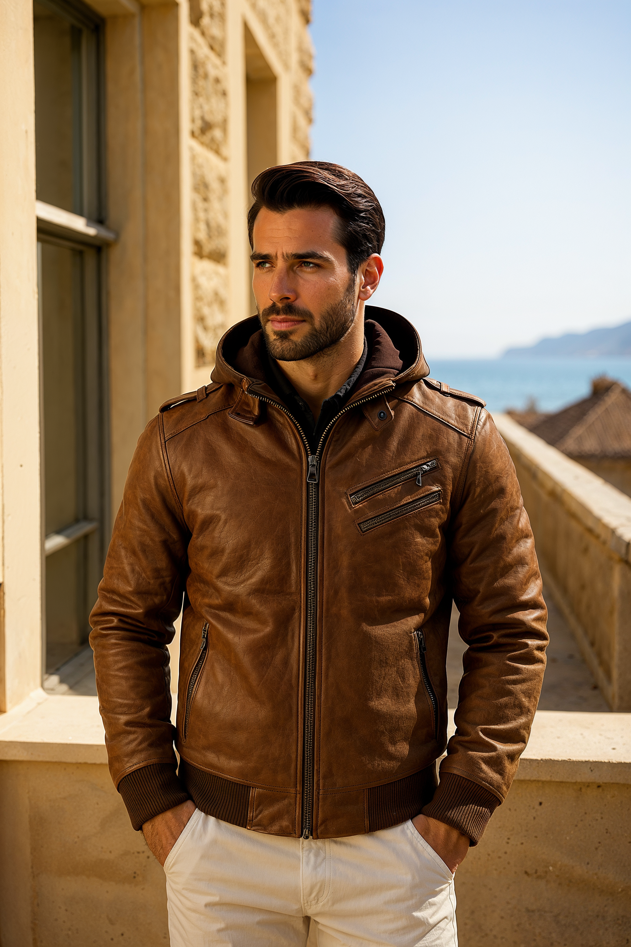 Vespasiano - Veste en Cuir Marron pour Hommes avec Capuche – Veste Biker Vintage avec Poches Zippées et Doublure Chaleureuse